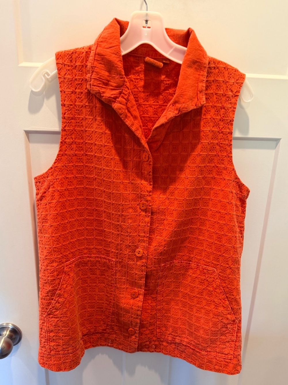 Focus Orange Textured Button Front Sleeveless Top Vest Pockets Vintage Style